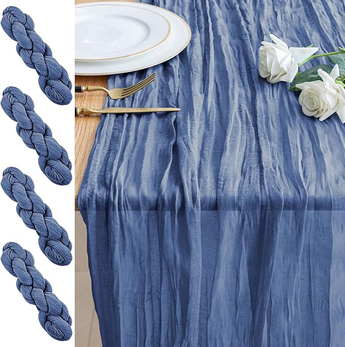 4PCS Table Runner Cheesecloth 10FT Blue Boho Gauze Cheese Cloth Rustic Sheer Table Runners for Wedding Birthday Bridal Baby Shower Party Decoration