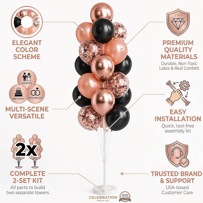 Hiins Balloon Column Kit Set of 2 With Balloons Included - with Base,Pole,Balloon Tower Backdrop Decoration for Wedding, Baby Shower,Birthday Party,Bachelorette Parties (3xRose Night Black)
