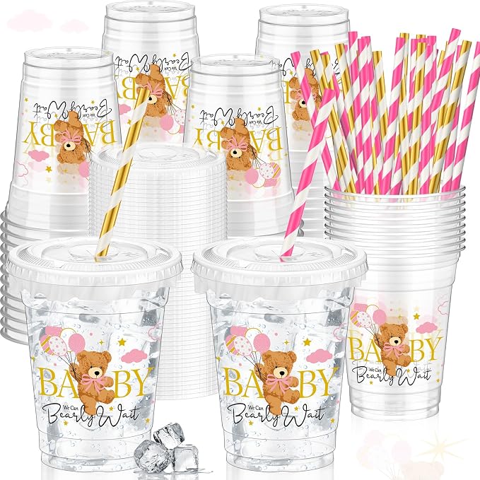 FoldTier 50 Pcs Baby Shower Party Supplies Disposable Plastic Cup 12 Oz Pink Cups Bear Thick Clear Cup Lids Straws Baby Shower Pink Table Decorations Party Favors