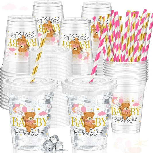 FoldTier 50 Pcs Baby Shower Party Supplies Disposable Plastic Cup 12 Oz Pink Cups Bear Thick Clear Cup Lids Straws Baby Shower Pink Table Decorations Party Favors