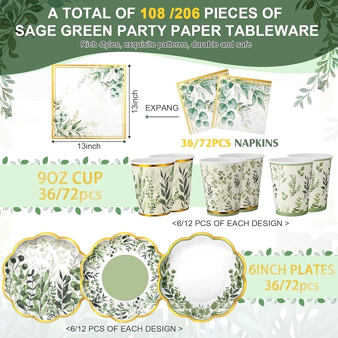 Yungyan 108 Pcs 36 Guests Sage Green Plates and Napkins Sets Eucalyptus Party Supplies 6" Disposable Paper Plates, 9 oz Tea Cups for Baby Shower Birthday Wedding Bridal Shower Party