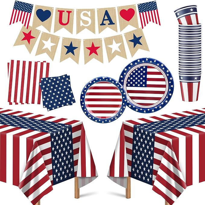 OHOME Fourth of July Decorations - Serve 24 - Patriotic Plates Tablecloth Napkins Cups Banner | 4th of July Accessories for Home Outdoor Memorial Day | America 250th Merchandise Anniversary