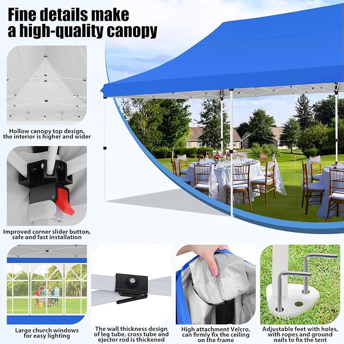 COBIZI Canopy 10x20 Pop Up Canopy Tent with Sidewalls, Waterproof Commercial Canopy Ez Outdoor Instant Gazebo UV Protection 50+ Event Shelter, Garden Tents for Parties with Sandbags, Ocean Blue