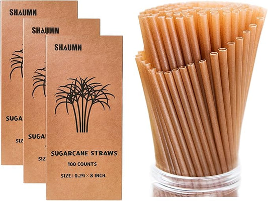 300pcs Sugarcane Straws 8 Inch Compostable Biodegradable Eco-Friendly Drinking Straws Plasticless Sturdy Smoothie Straws Not Foggy Packed by 100 Count per box(3 packs)
