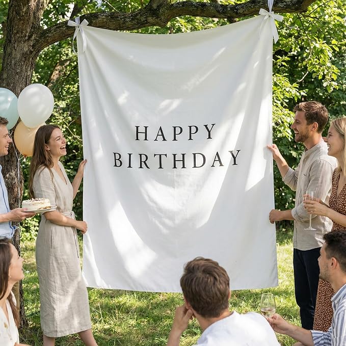 Oudain 60x78 Inch Happy Birthday Burlap Banner, Fabric Party Decorations Backdrop, Boho Rustic Photo Props Sign with Hanging String for Birthday Party Indoor Outdoor Yard Wall Decor