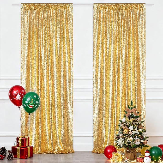 Eternal Beauty Sequin Backdrop Curtains, 2x8 Ft-2 Panels Gold Back Drop for Mother's Day Shimmer Photography Party Wedding Birthday Decor