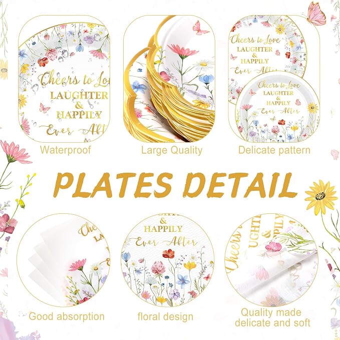 Pickmesh 400 Pcs Floral Bridal Shower Party Supplies Decorations Include Cheers to Love Paper Plates Napkins Cups Cutlery Set Spring Wildflower Tableware for Wedding Engagement Party Serve 50