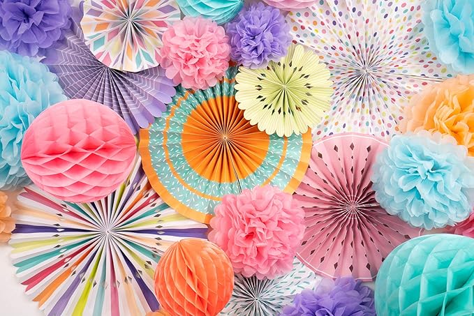 PapaKit 26pc Deluxe Large Multicolor Party Decoration Set - Vibrant Tissue Paper Pom Poms, Honeycomb Balls & Hanging Paper Fans Backdrop - Festive Decor for Birthday, Baby Shower, Fiesta & Photo Booth
