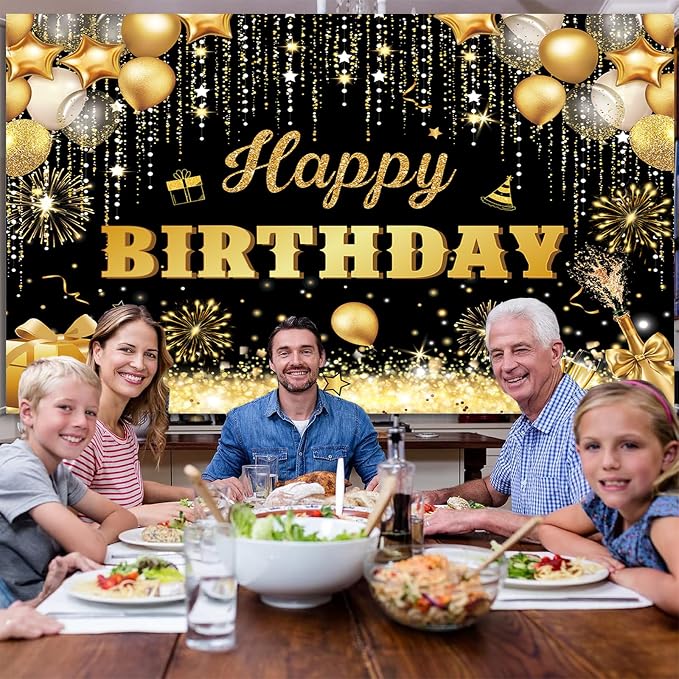 Happy Birthday Backdrop Banner for Men Black and Gold Glitter Birthday Party Decorations Background for Women Boys Girls Adults Polyester Fabric 10x8ft