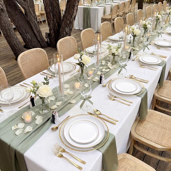 KIRE 200PCS Gold Plastic Plates - Disposable Plates for Party - White Plastic Plates with Gold Rim Include 100 for Dinner and 100 for Dessert/Salad in Wedding/Party/Spring/Graduation