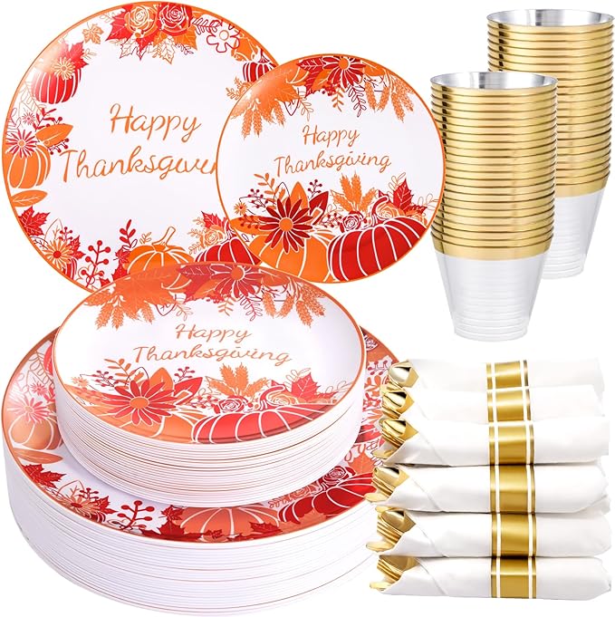 DaYammi 210Pcs Thanksgiving Plastic Plates,Orange and Red Disposable Dinnerware Set Includes 60 Dinner plates,30 Gold Plastic Silverware,30 Per Rolled Napkins,30 plastic Cups for Thanksgiving Party
