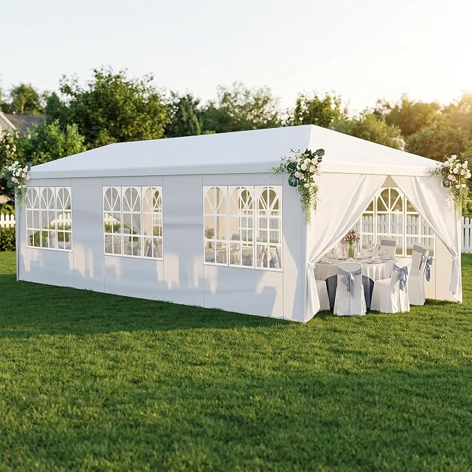 10x30 Canopy Tent for Parties, Heavy Duty Waterproof Outdoor Tent with 8 Detachable Sidewalls & Window Panels, Large Event, Wedding & Backyard Shelter, Commercial & Personal Use, White
