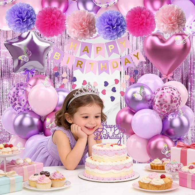 Purple Pink Birthday Decorations Balloons Pink Purple Happy Birthday Banner Cake Topper Fringe Curtain Paper Pom Poms Butterfly Sticker Metallic Hot Pink Heart Star Foil Princess Party Girls Women