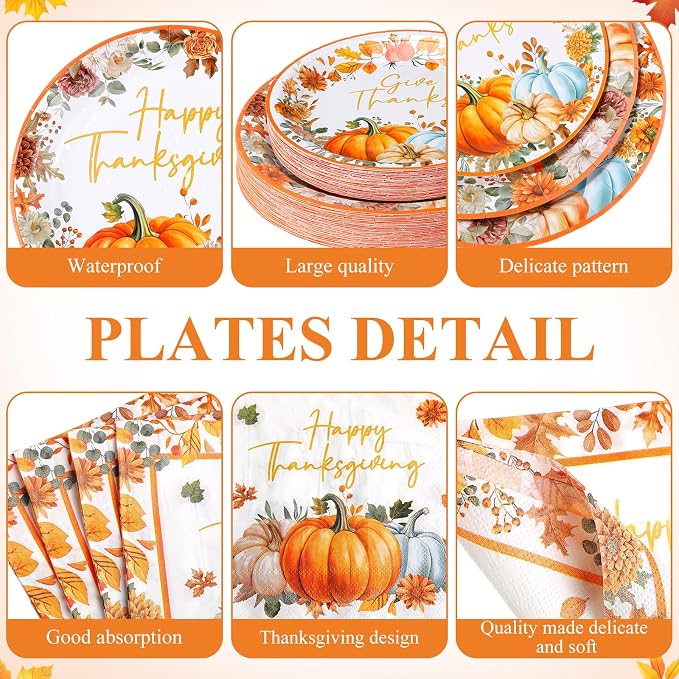Funnymoom Thanksgiving Party Supplies for 50 Guests Pumpkin Autumn Disposable Plates Napkins Cups Spoons Forks Knives for Fall Harvest Give Thanks Party Decoration
