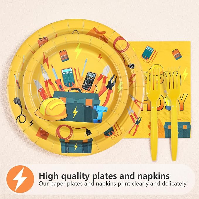 96Pcs Electrician Birthday Party Decorations Electrician Lineman Plates and Napkins Handyman Tools Decoration for Man Congrats Grad Construction Builder Carpentry Party Supplies Serves 24
