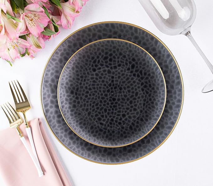 PLASTICPRO 128 Piece Combo Plates Set includes 64-7'' inch Plates & 64-10'' inch Plates Black transparent Hammered Plastic PartyPlates Premium heavyweight Elegant, Disposable, Tableware, Dishes,