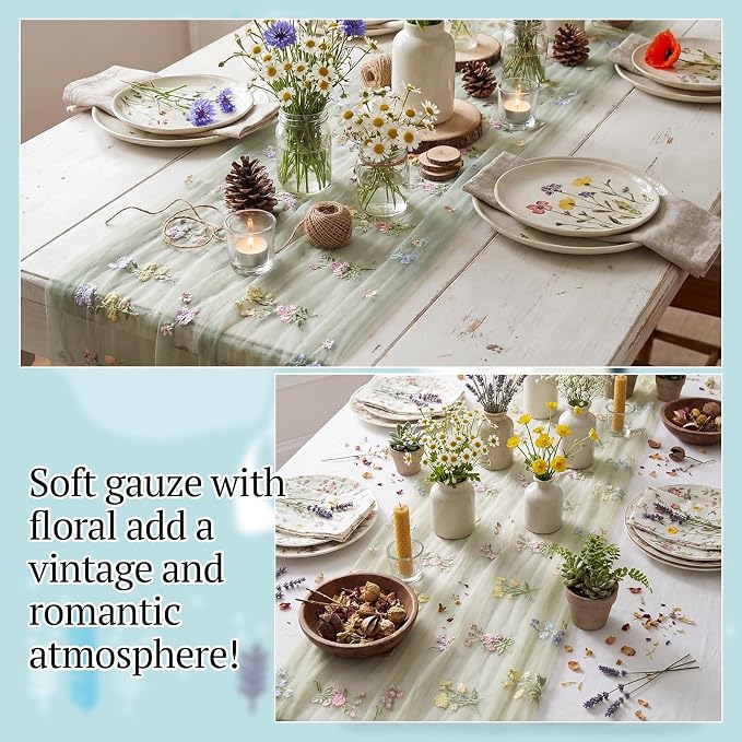 Lounsweer Sage Green Wildflower Table Runner 10ft Embroidery Tulle Spring Floral Table Runner Seasonal Summer Butterfly Kitchen Dining Gauze Decoration for Wedding Baby Shower Birthday Party