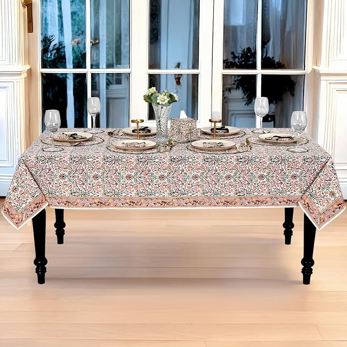 Ridhi Sassy Salmon and Emerald Green Hand Block Print Cotton Rectangle Tablecloth 120" x 60" inches Reusable Table Cover Decorative Everyday Use for Dining Room, Farmhouse, Gift Spring, Mother's Day
