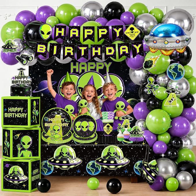 NeoRov 301 Pcs Alien Birthday Party Decorations Tableware Balloon Arch Set | Service 25 Guests | All-In-1 Pack Includes Backdrop, Tablecloth, Balloon Boxes, Balloon Kit | For UFO Theme Party