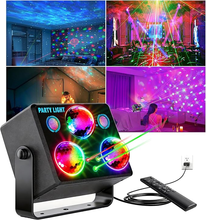 Disco Ball Party Lights,DJ Disco Light Sound Activation & Remote Control Stage Lighting with Star Projector, Ocean Wave and LED Strobe for Home Christmas Birthday Wedding Bar and Club Decorations