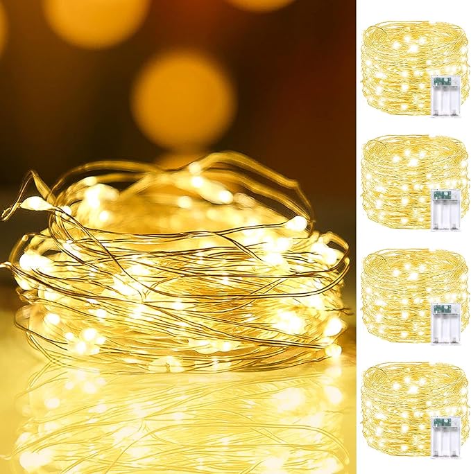 4 Pack Cuttable Fairy Lights Battery Operated, Waterproof 20FT 60LED Twinkle Lights with Timer Indoor Outdoor, Fairy Battery String Light for Bedroom, Classroom, Wedding, Christmas Décor(Warm White)