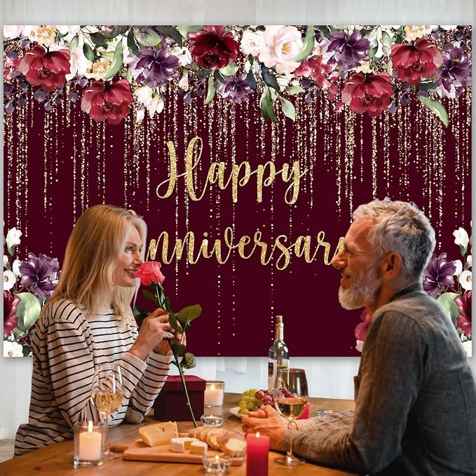 Happy Anniversary Backdrop Party Decorations, Burgundy Flower Wedding Anniversary Party Photography Background Couple Marriage Engagement Commemoration Day Banner Photo Shoot Props 7x5ft