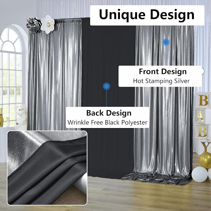 40x10 ft Wrinkle Free Black Silver Sequin Backdrop Curtain for Parties,Thick Not Fall Glitter Wedding Backdrop Drapes,8 Panels 5x10ft Shimmer Photo Back Drop Cloth for Birthday Photography Background