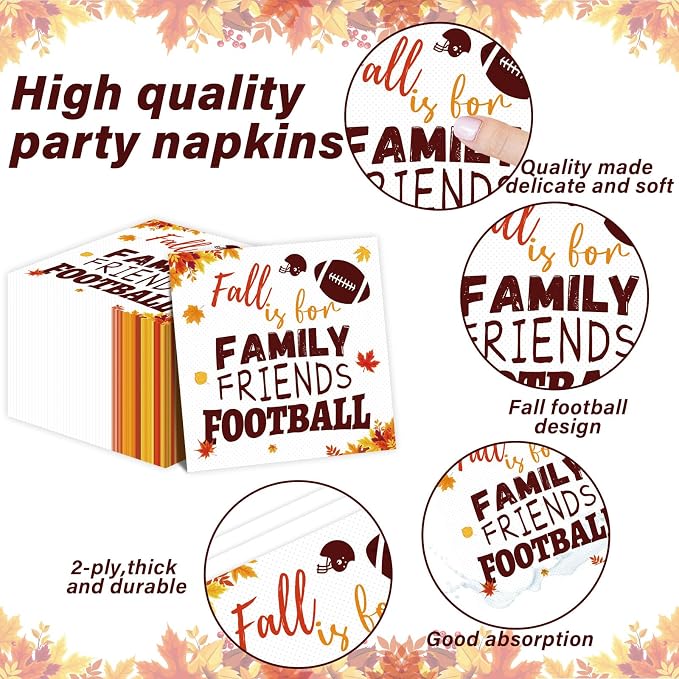 96 Pcs Football Fall Party Supplies Football and Fall Y'all Tableware Plates Napkins Rustic Football Autumn Dinnerware Table Decorations Maple Leaves Thanksgiving Holiday Party Favor for 24 Guests