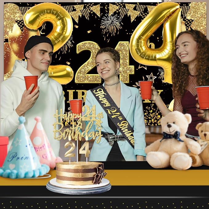 24th Birthday Decorations Men Women with 24th Birthday Banner, Black and Gold Table Cloth, Number Balloons, Large Sash, Cake Topper and Candles