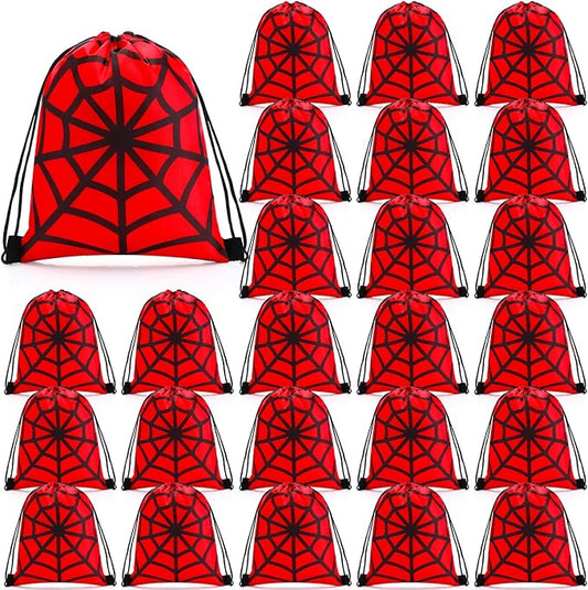 Abbylike 24 Pcs Spider Party Favor Bags Birthday Gift Candy Goodies Treat Drawstring Backpacks for Web Cartoon Party Room Decoration Prizes, Red