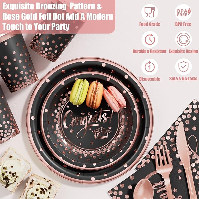 Ecomore 2026 Graduation Party Decoration - 350 PCS Black Pink Rose Gold Grad Supplies Disposable Dinnerware (Severs 50) w/Paper Plates Napkin Cup Plastic Cutlery for College High School Class of 2026