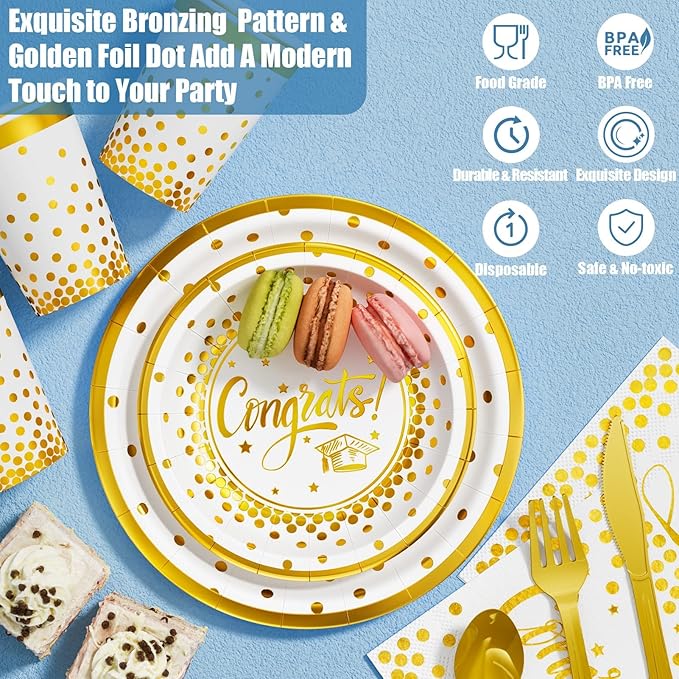 Ecomore 2026 Graduation Party Decoration - 350 PCS White Gold Grad Supplies Disposable Dinnerware (Severs 50) w/Congrats Paper Plates Napkin Cup Plastic Cutlery for College High School Class of 2026