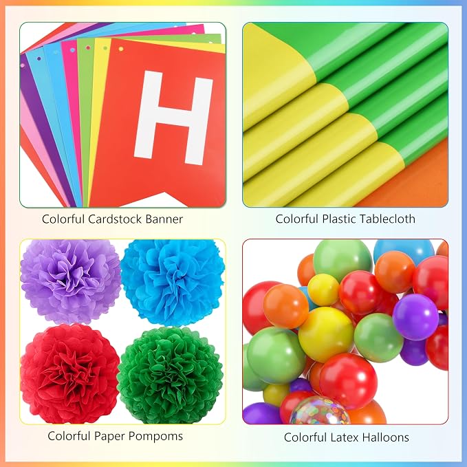 THAWAY Rainbow Birthday Decorations, 104Pcs Colorful Birthday Party Decorations for Boys and Girls, Rainbow Party Supplies Colorful Streamers Party Decors Set, Birthday Party Backdrop