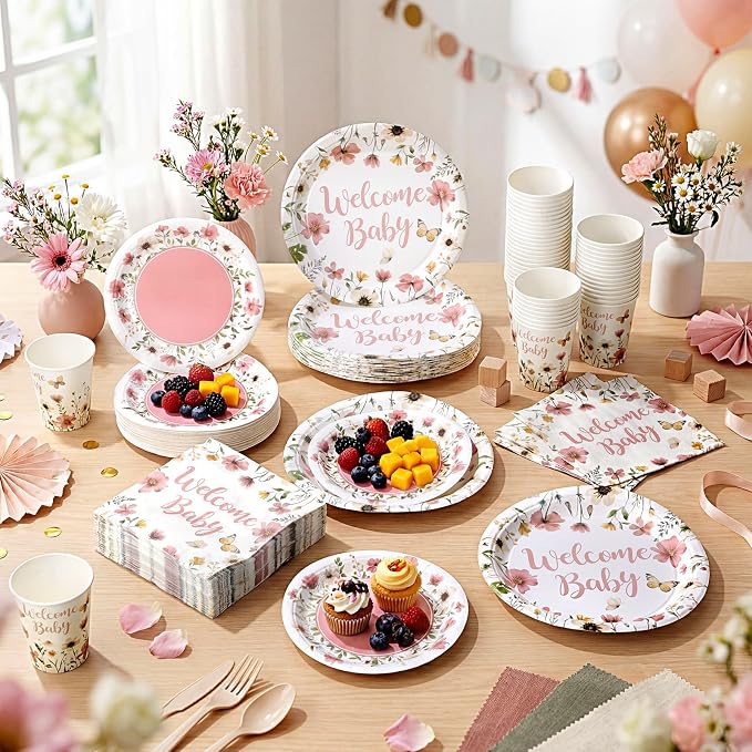 Pickmesh 250 Pcs Pink Floral Baby Shower Party Supplies Decorations Serve 50 Wildflower Welcome Baby Disposable Paper Plates Napkins and Cups for Birthday Babies Girl Shower Gender Reveal Party Decor