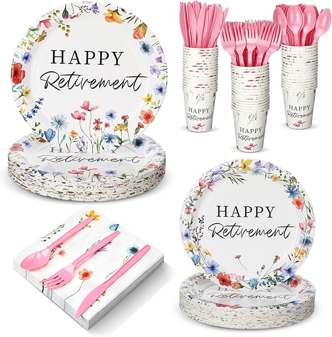 Yungyan 252 Pcs Wildflowers Retirement Party Tableware Set Included Plates Napkins Cups Forks Knives Cutlery for Party Decorations Supplies 36 Guests