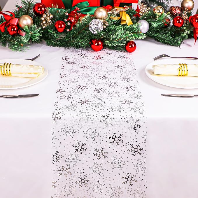 Snowkingdom Christmas Snowflake Silver Table Runner 11 Inch x 100 Feet Sparkly Silver Foil Glitter Metallic Mesh Dining Table Decorations for Seasonal Winter Xmas Festival Holiday Home Party