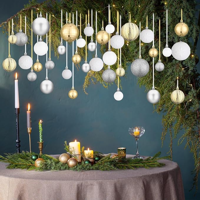 36 Pcs Christmas Balls Ornaments for Ceiling, 1.6'' 2.4'' 3.2'' Large Big Shatterproof Christmas Hanging Decorations Balls for Tree Xmas Holiday Party Indoor(Silver, White, Champagne)