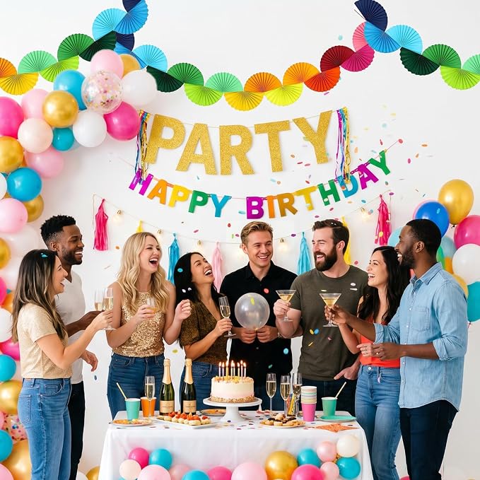 Rainbow Fan Garland Party Decorations - 4 Pack Paper Chain Garland Colorful Party Decorations for Birthday Wedding Bridal Shower Bachelorette Baby Shower