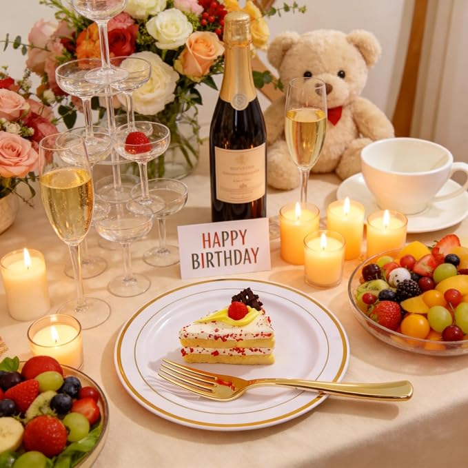 I00000 144 Small Plastic Dessert Plates Set Include 72 Pcs Gold Dessert Plates 7.5" with 72 Pcs Forks 7.5",Disposable Cake Plate,Fancy White Gold Plastic Small Plates for Party