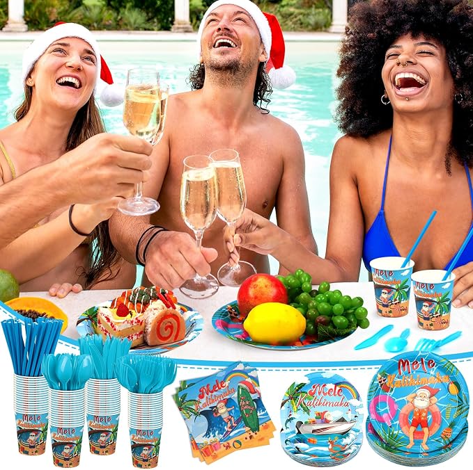 Weewooday 400 Pcs Christmas Tableware Disposable Set Mele Kalikimaka Decorations July Summer Christmas Paper Plates Cups Napkin Plastic Knife Spoon Fork Straw for Kalikimaka Hawaiian Party Supplies