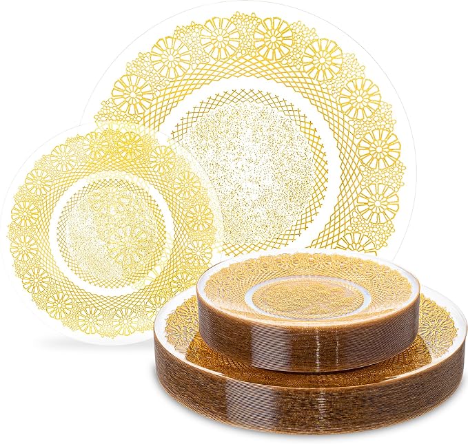 HOMIP 120PCS Clear Gold Plastic Plates with Gold Lace Design, Disposable Retro Plates Include 60PCS 10" Dinner Plate & 60PCS 7" Dessert Plate Perfect for Party Wedding and Holiday