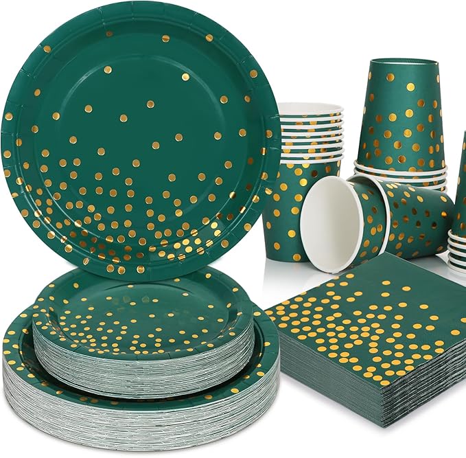 Green and Gold Party Decorations, 200Pcs Emerald Green Plates and Napkins Party Supplies, Birthday Plates for Fathers Day Graduation Decorations