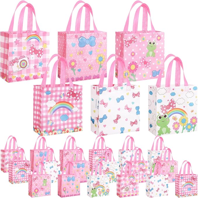 Sweetude 40 Pcs Pink Cat Gift Party Favor Bags with Handle, Non Woven Goodie Bags Birthday Favor for Birthday Baby Shower Packaging Supplies