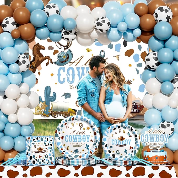 Hombae Cowboy Baby Shower Decorations, 256 PCs Western Baby Shower Party Supplies with A Little Cowboy is On The Way Backdrop, Balloon Garland, Cake Topper, Tableware Set - Plates, Napkins, Forks