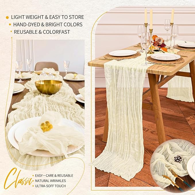 4 Pack Cheesecloth Table Runner 10FT Beige Table Runner Boho Gauze Cheese Cloth Table Runners Long Rustic Sheer Table Decorations for Wedding Party Baby Bridal Shower Birthday Holiday Home