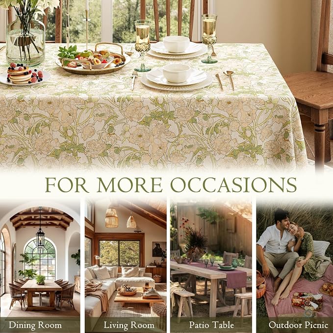 French Linen Tablecloth Square, Vintage Floral Table Cloth, Waterproof Table Cover for Picnic Dining Party Wedding, Sage Green, 55x55''