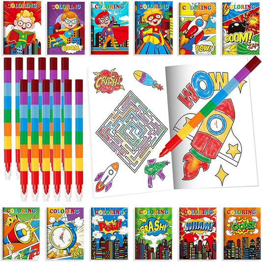 BenLouis 24 Hero Mini Coloring Books Kids with 24 Stacking Crayons Hero Party Favors Activity Books Bulk for Kids Hero Goodie Bag Gift Stuffer Classroom Reward