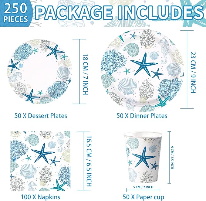 250Pcs Ocean Coastal Party Decorations Blue Seashell Starfish Coral Plates Napkins Cups Beach Ocean Sea Tableware Set for Summer Beach Holiday Birthday Dinner Party Supplies Serves 50