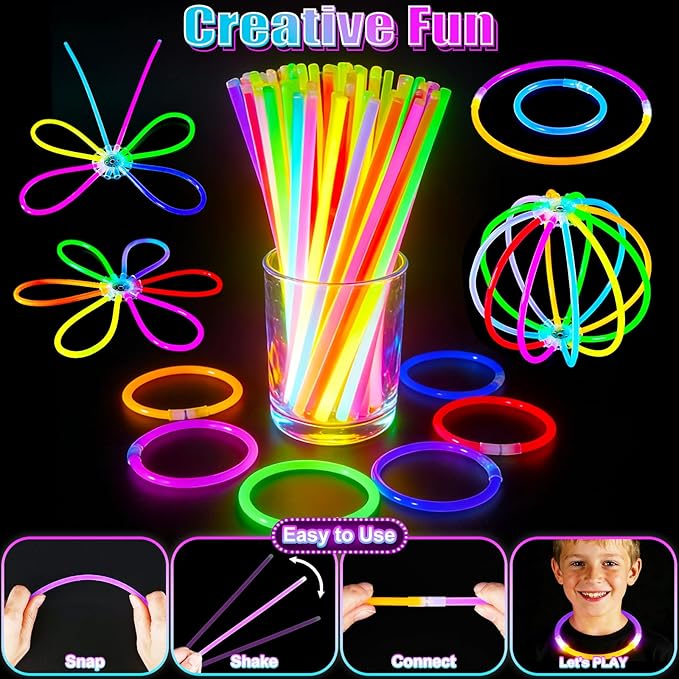 SHQDD 154PCS Glow in the Dark Party Supplies, Neon Party Accessories for Kids & Adults with Connectors and Glow Sticks to DIY, Light up Party Favors for Birthday, Concert, July 4th, Halloween