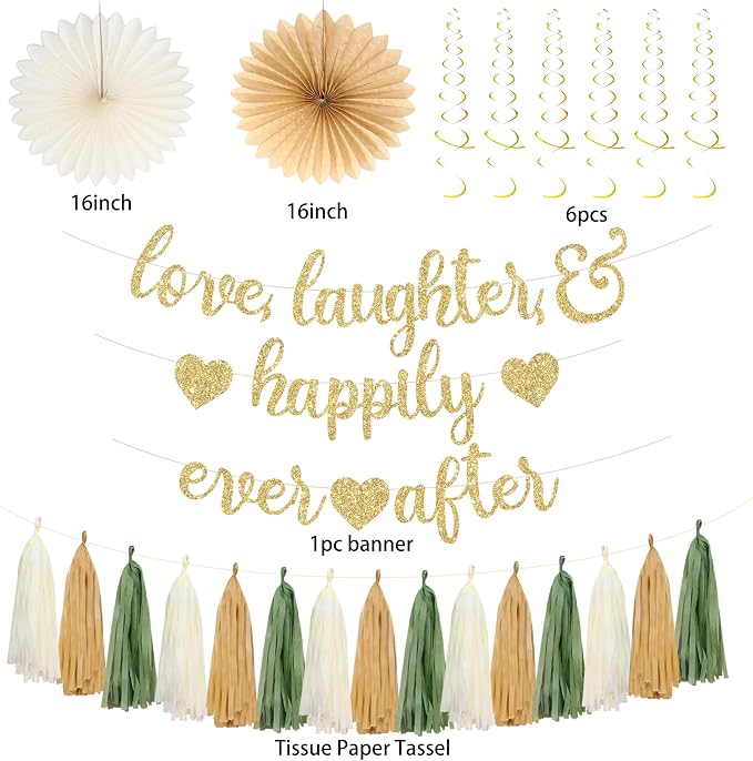 Roetyce Engagement Party Decorations, Green Gold Love Laughter & Happily Ever After Banner for Bridal Shower, Wedding Bachelorette Party Backdrop, Almost Married/Just Engaged Photo Background Decor
